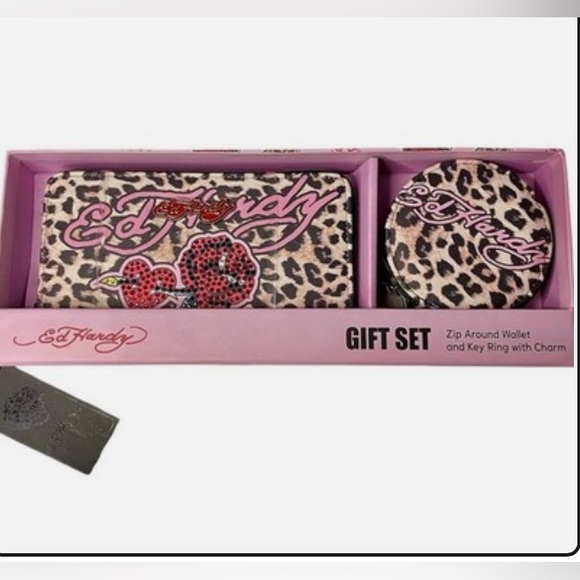 Ed Hardy Handbags - Ed Hardy Pink and Red Leopard Print Wallet